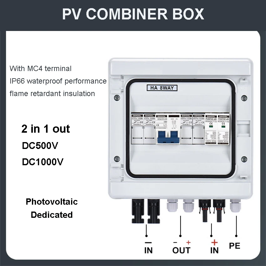 

Solar photovoltaic PV Combiner Box With Lightning Protection 15A 2/1 input 1 out DC500V/1000V Fuse MCB SPD Waterproof Box IP65