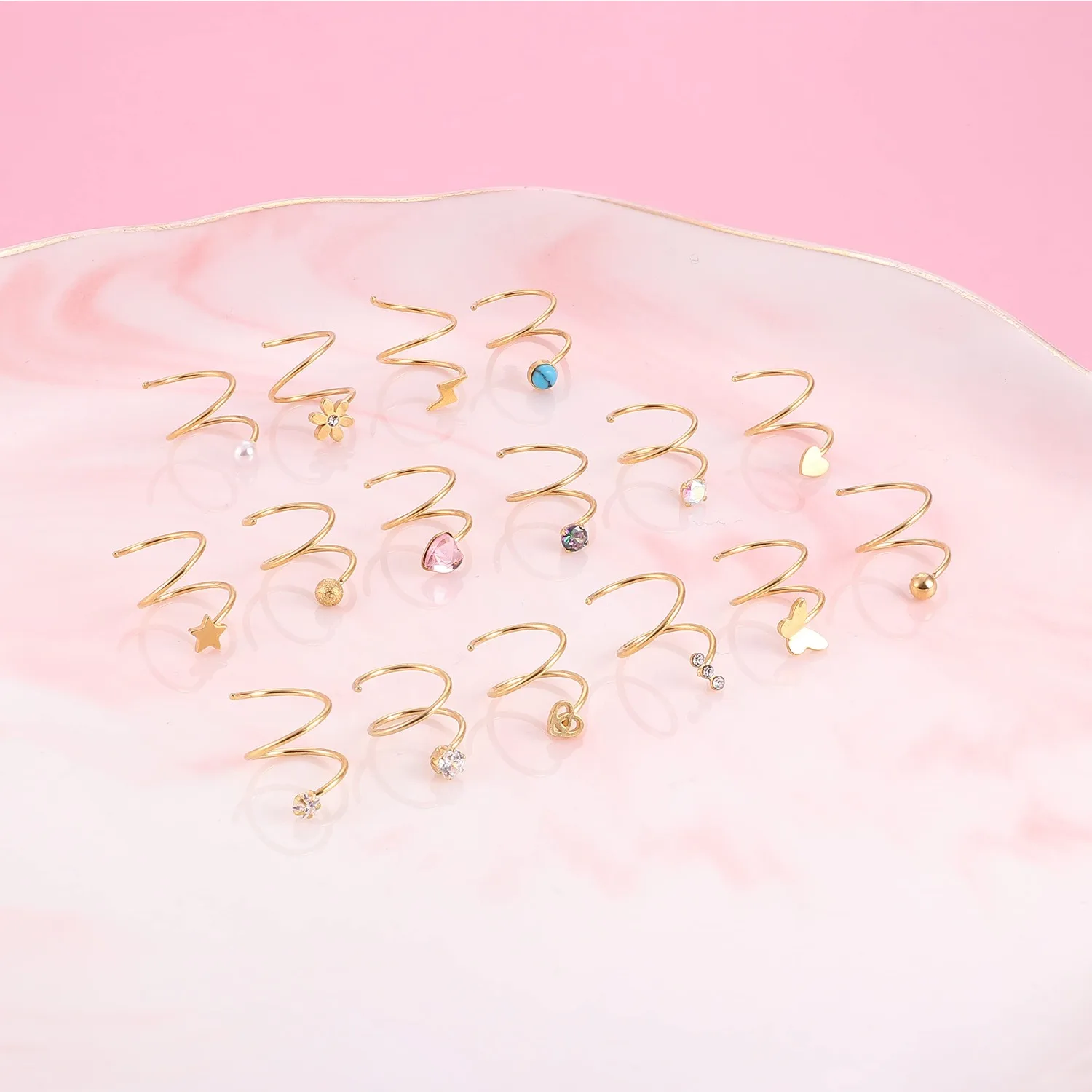 Bobisty 16 قطعة حلقة الأنف المزدوجة هوب مجموعة للنساء 20 جرام الفولاذ المقاوم للصدأ دوامة ستار اللؤلؤ تشيكوسلوفاكيا فراشة الأنف الدائري ثقب المجوهرات