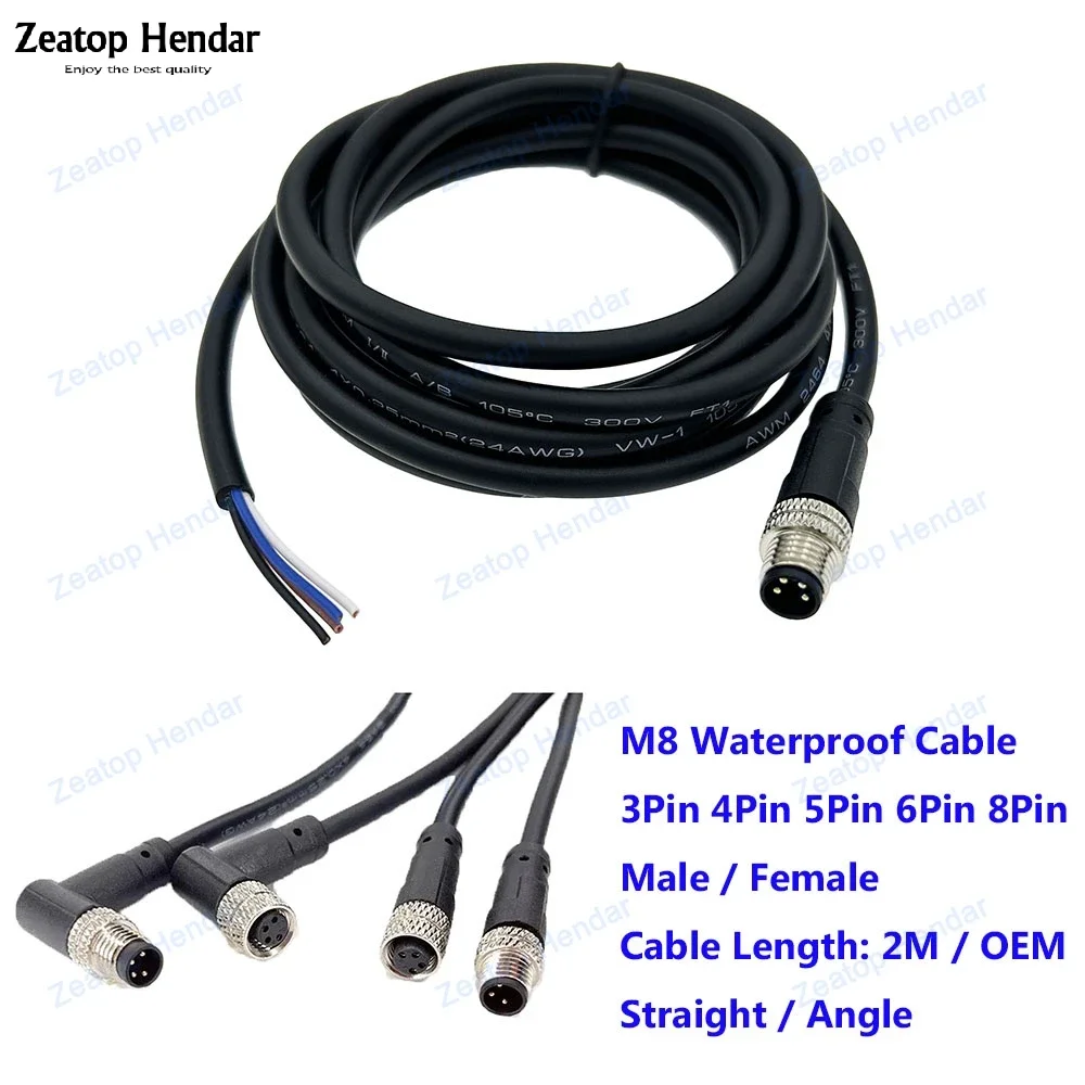 موصل مقاوم للماء للذكور والأنثى ، برغي معدني ، ذيل M8 ، سلك 2 متر ، 3 ، 4 ، 5 ، 6 ، 8 دبوس ، قابس زاوية مستقيم ، مستشعر طيران ، IP67 ، 1 #1