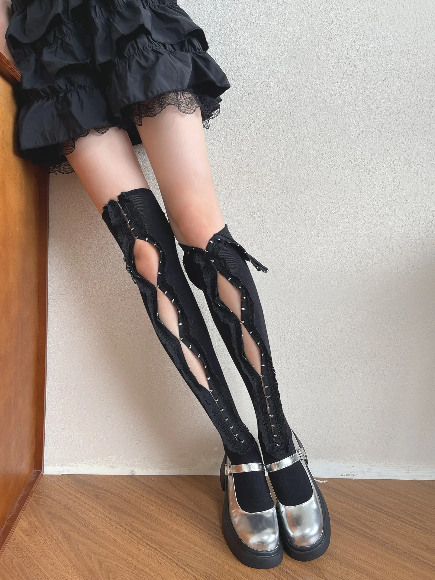 Japanese niche Lolita hollow lapel underwear buckle fashionable sweet girl thin personality long tube knee sock women with skirt