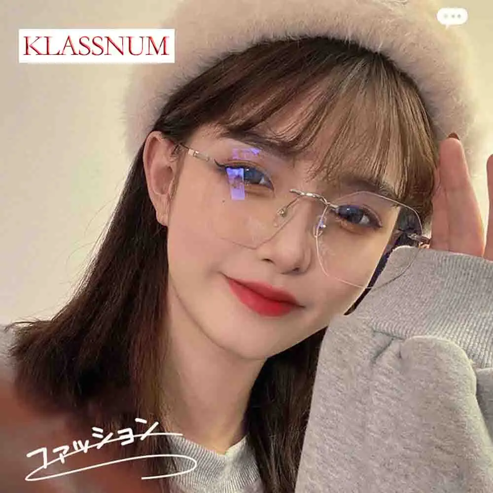 

KLASSNUM Brand Anti Blue Light Rimless Glasses Women Hexagon Clear Lens Computer Eyewear Optical Frame Ultra Light Metal Glasses