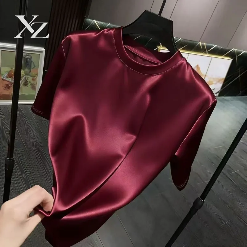 Opening Sale |Men's Luxury Satin Acetate T-Shirt Smooth Shiny Round Neck Short Sleeve Casual Tops