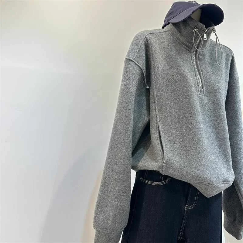 

Gray Hoodie Women's Loose Fit Thickened Fleece Zipper Stand Collar Drawstring Sweatshirt Autumn Winter Casual T-Shirt Trendy