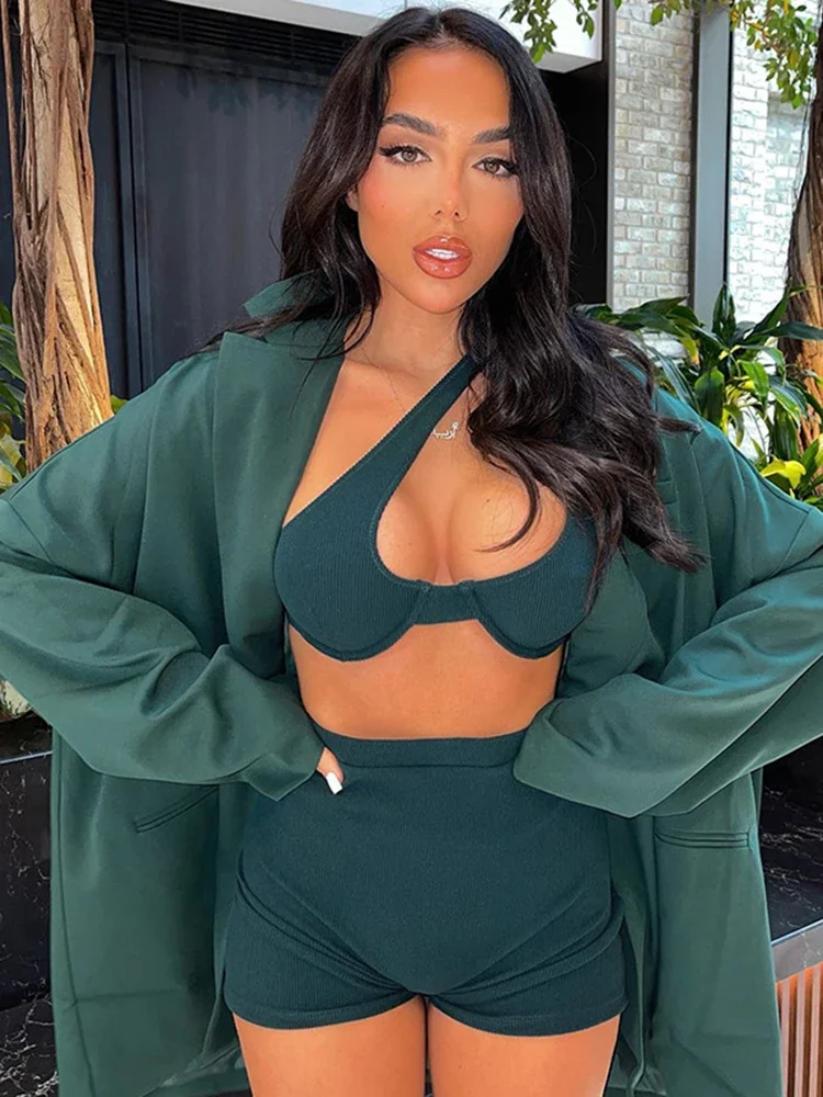 

2022 New One Shoulder Rib Knit 2 Piece High Cut Casual Ladies Solid Color Sexy Women's Two Piece Set