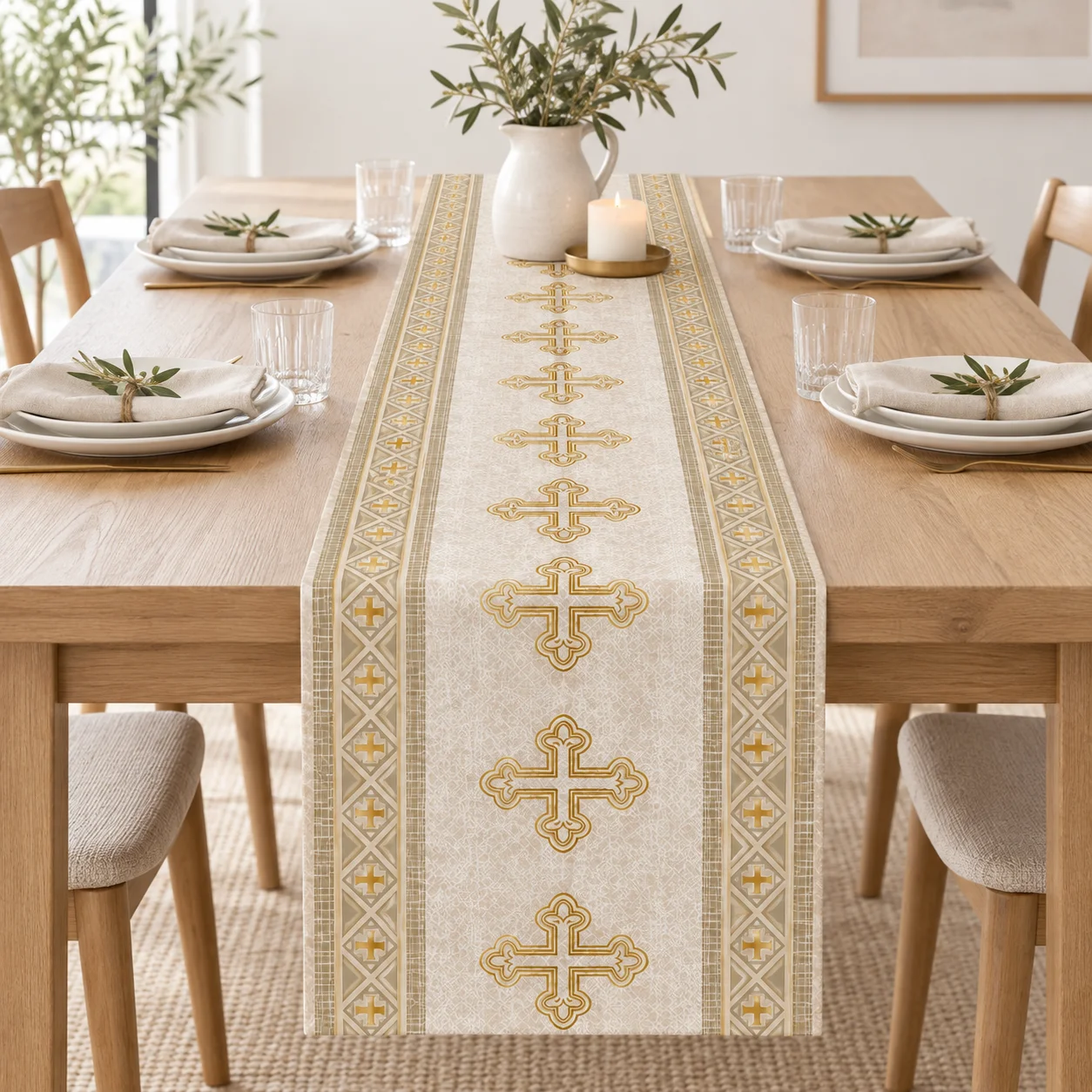 Autumn Garden Table Runner 1pc, Golden Cross Pattern Print, Kitchen Home Goods, Perfect for Thanksgiving Family Gathering