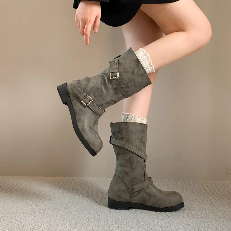 Denim Ankle Boots Women Fall Winter New Vintage Mid Wide Calf Slim Stacked Knight Boots