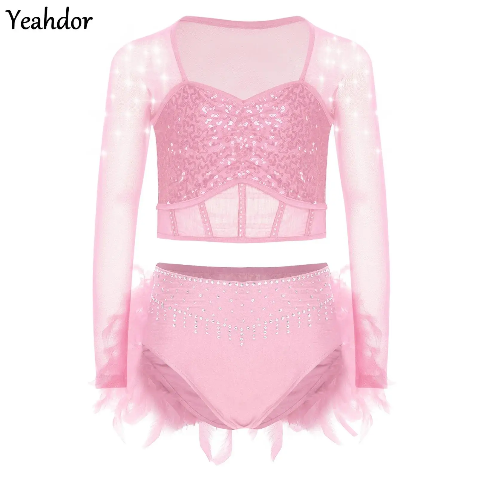 

Girls Ballet Lyrical Dance Outfit Long Sleeve Sequin Rhinestones Sheer Mesh Crop Top with Feather Skirt Gymnastics Skating Wear