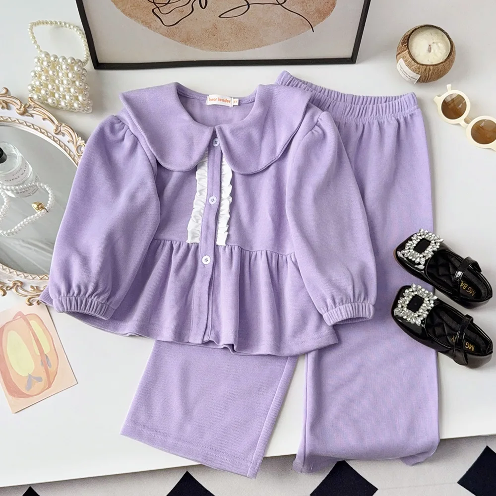Autumn and Winter Promotion Korean Purple Casual Suit with Collar Lace Single Breasted Top and Wide Leg Pants Two Piece Set