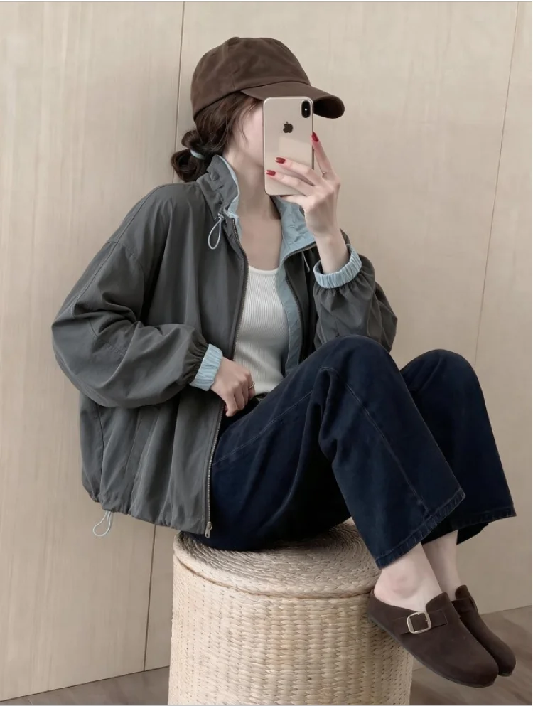 Casual Korean Style Lazy Fashion Stand Collar Workwear Jacket Women's Small Size Autumn New Short Length Zipper Decoration Coat