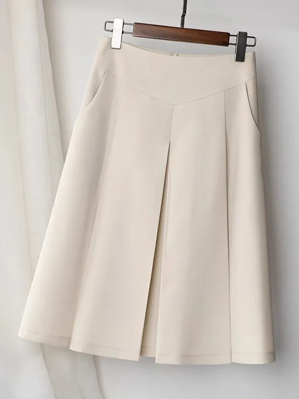 Spring 2026 High Waist Midi A-Line Skirt with Pockets Elegant Pleated Skirt Commute Style Pure Color Other Material 100%