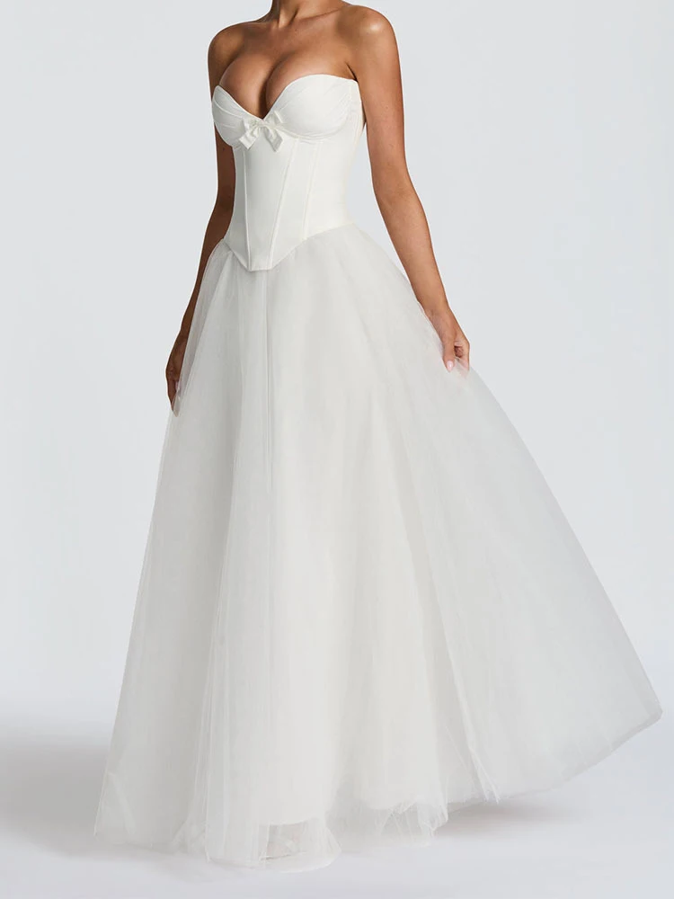 Женский сексуальный корсет без бретелек с высокой талией, топ без бретелек и шифоновая юбка, комплект из двух частей, милый облегающий комплект платьев