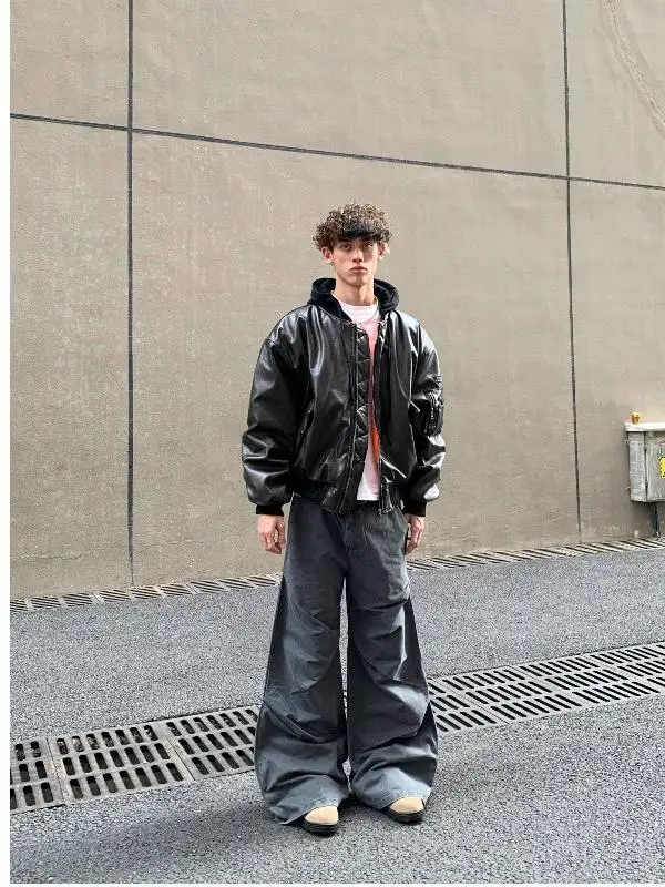 

American Street Sle Thiened ort Flight Jaet Hooded PU Leather Cotton Coat Outerwear Winter Loose Cotton Clothes