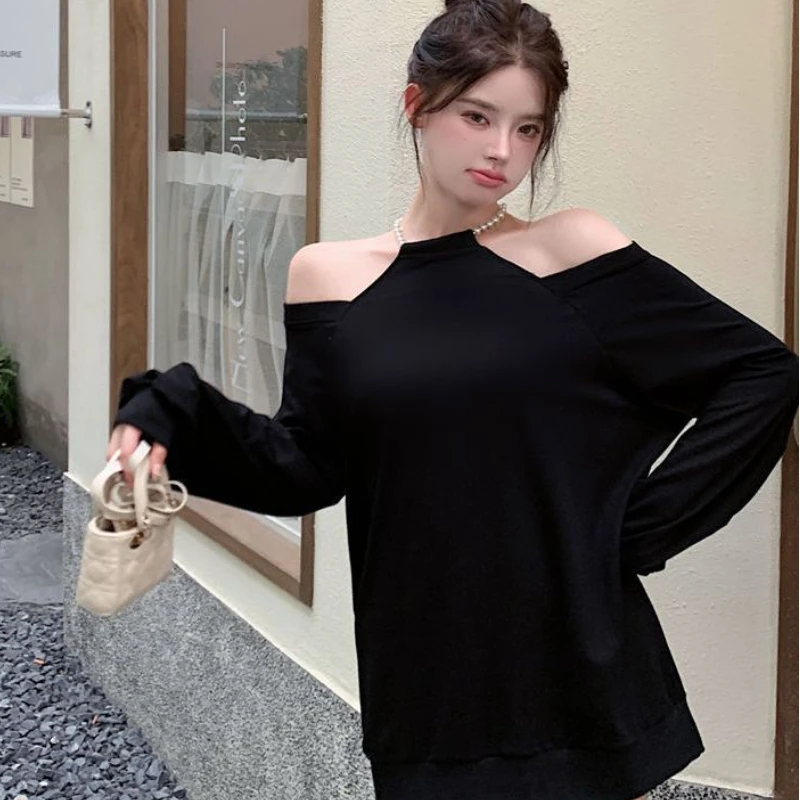 Off Shoulder Sweatshirts Women Halter Loose Temper Spring Harajuku Simple Chic Gentle All-match Korean Style Casual Schoolgirls