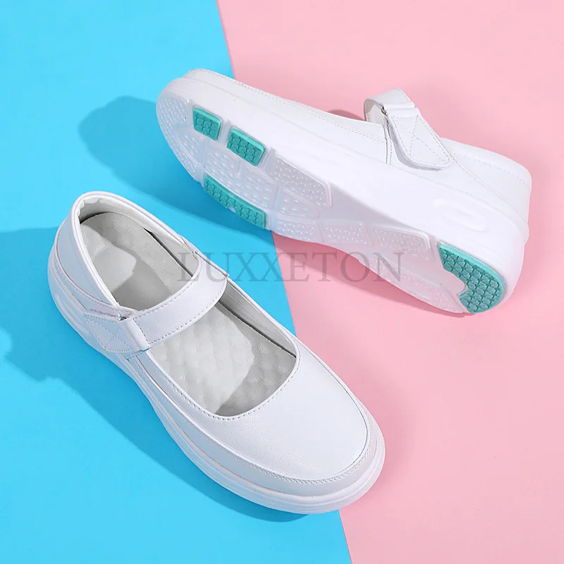 Genuine Leather Air Cushion Nurse Shoes for Women Spring Soft Soled Breathable Thick Soled Women Shoes White Medical Shoe