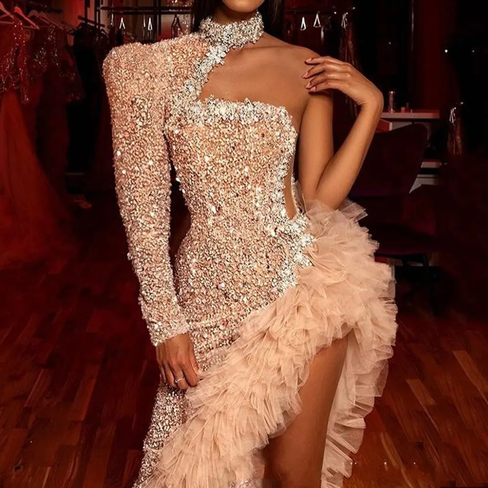 

Sexy Prom Dress Bling Sparkly Women One Long Sleeve Crystal Sequined Halter Tulle Evening Gowns Party Cocktail Costume