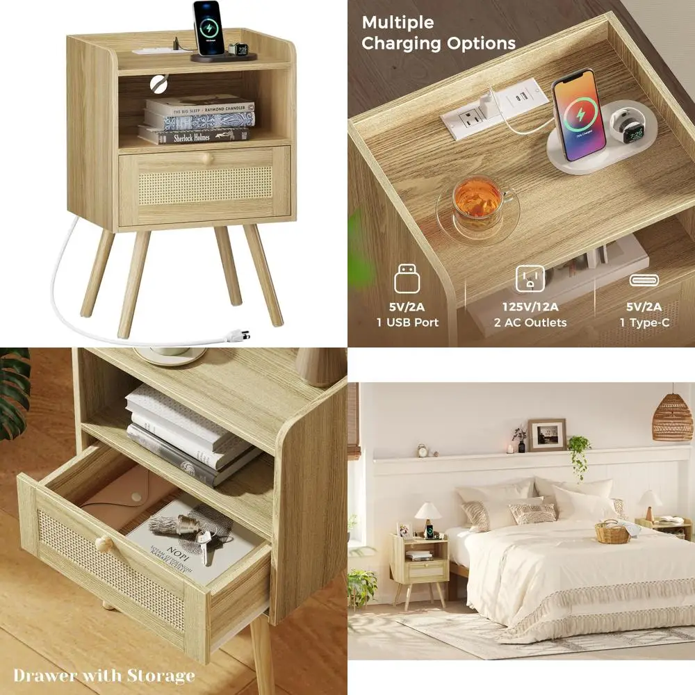 

Торцевой столик в стиле натурального ротанга с зарядной станцией и открытым хранилищем для спальни, гостиной и общежития