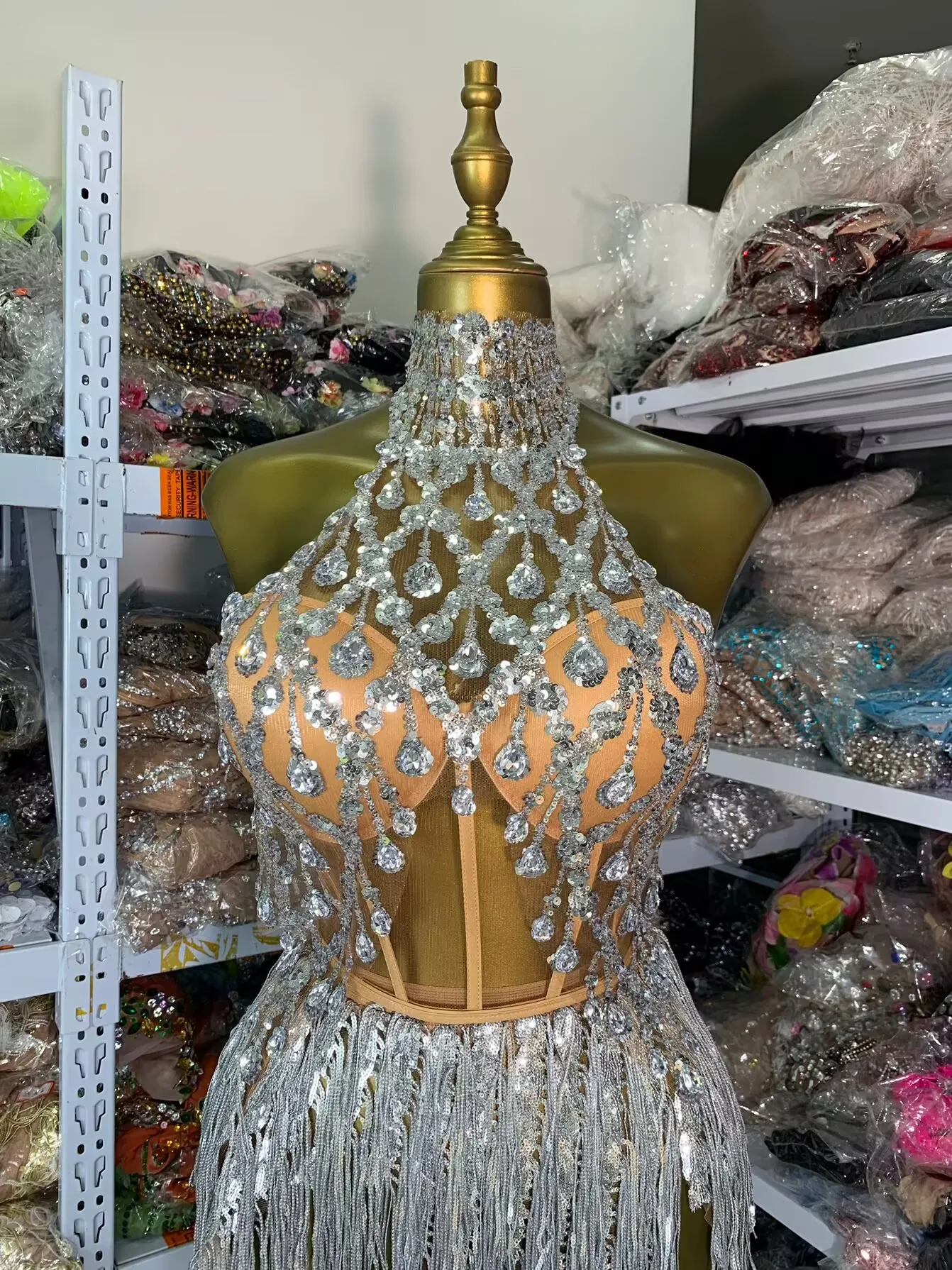 

Shining Rhinestone Tassel Dress Sexy Women Elastic Bustier Corset Top And Mini Skirt Singer Stage Costumes Latin Dance Outfits