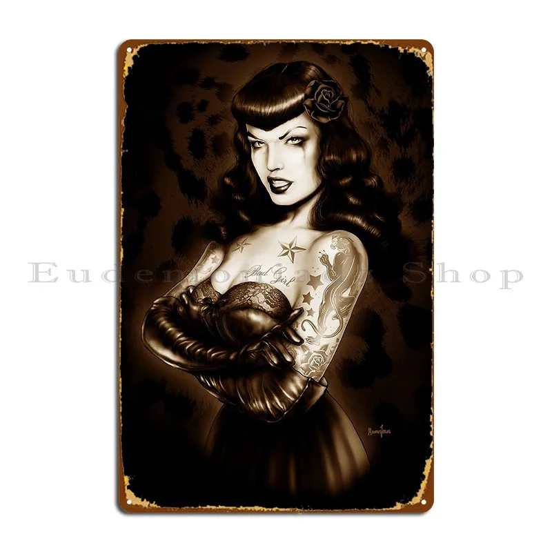 Bettie Page Tattooed Marcusjones Metal Sign Funny Wall Cave Living Room Garage Character Tin Sign Poster