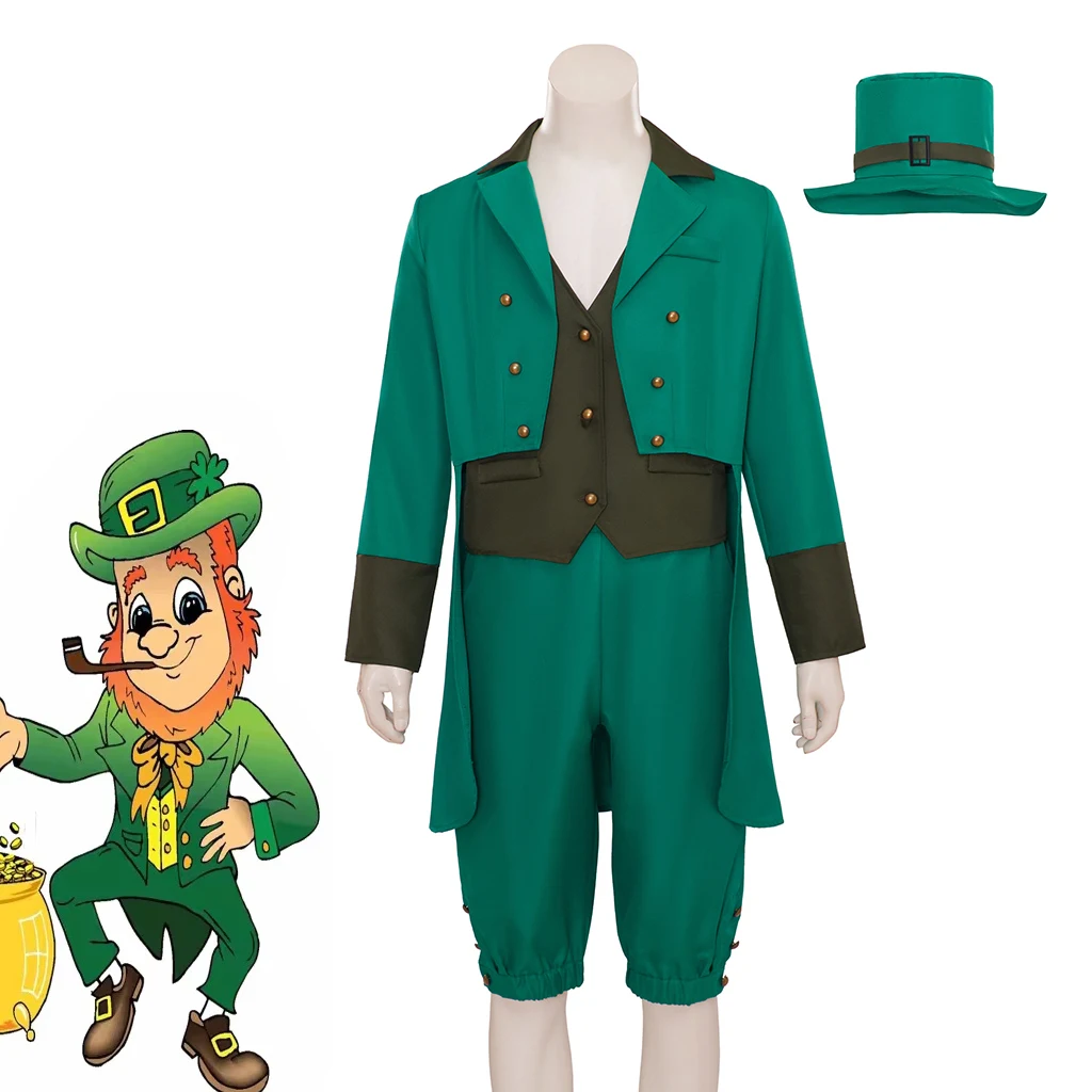 

Ireland Tuxedo Leprechaun Fantasia Tailcoat Vest Pants Full Set Men Halloween Party St. Patrick's Day Elf Cosplay Uniform Suit