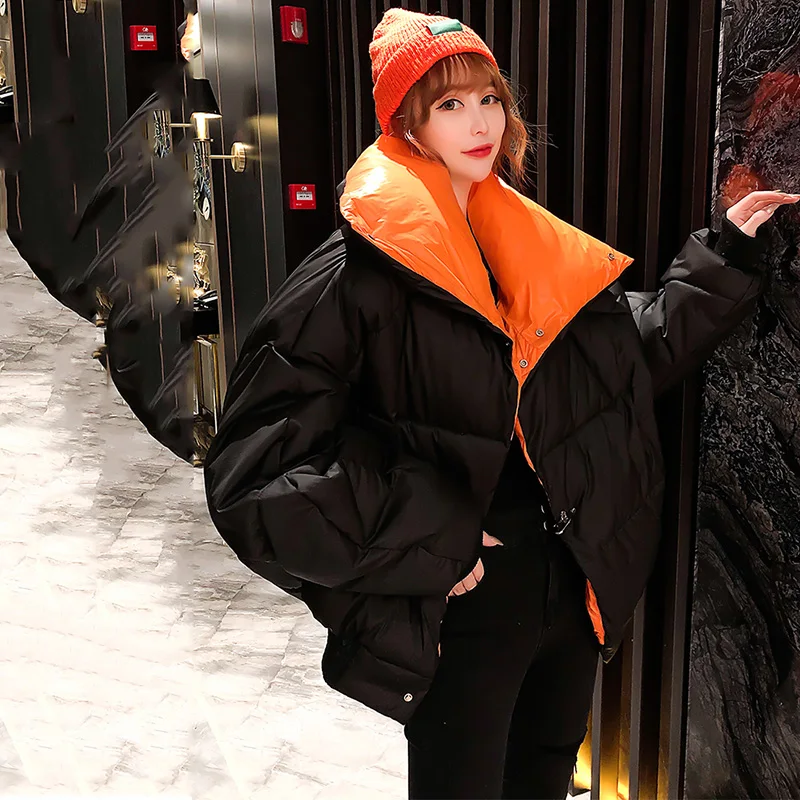 Down Jackets Casual Oversized Bat Sleeved Winter Jacket Womens Stylish Hit Color Liner Warm Stand Collar Puffer Parkas Coat Fema