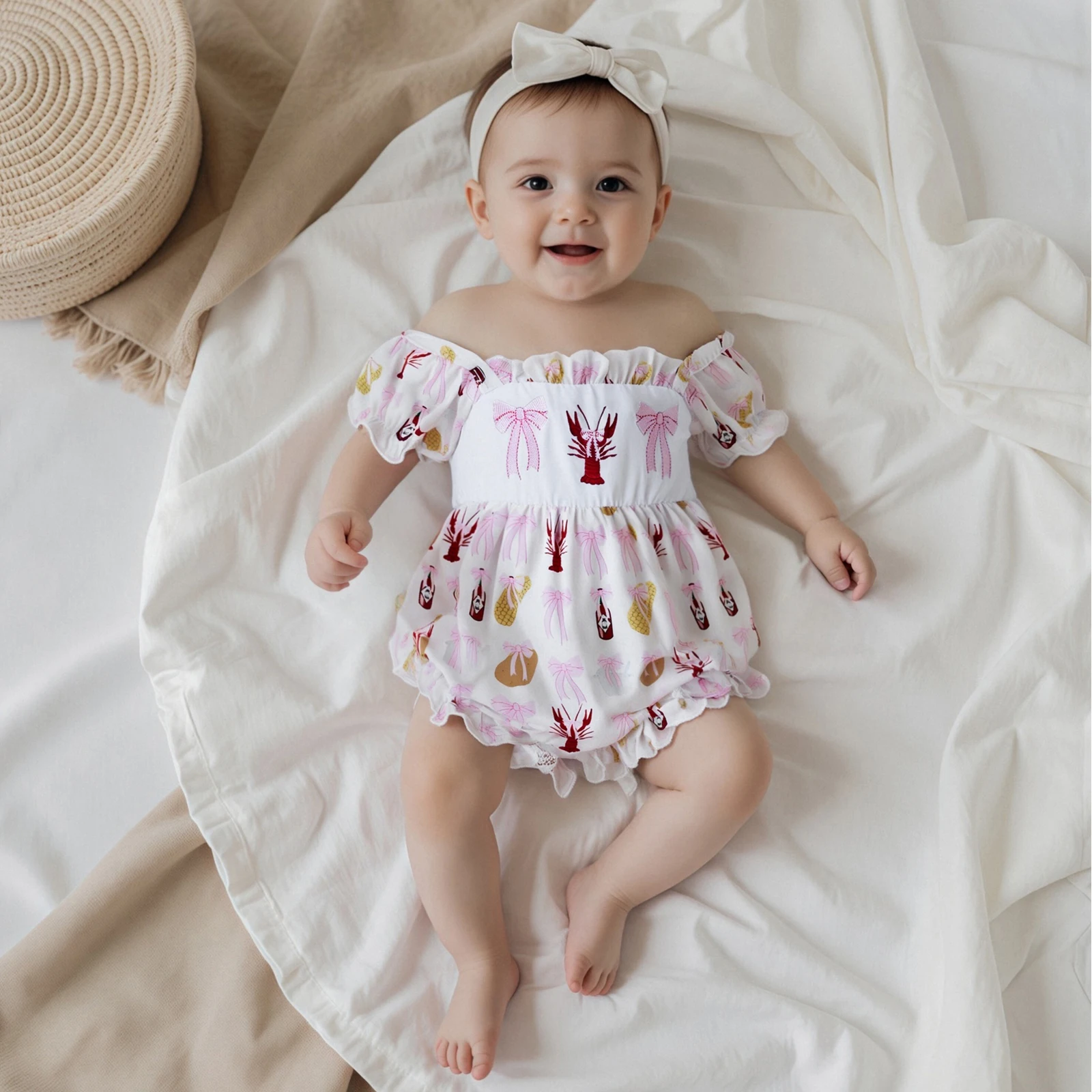 

Baby Girl Summer Romper Short Sleeve Square Neck Bow Print Bodysuit Newborn Clothes
