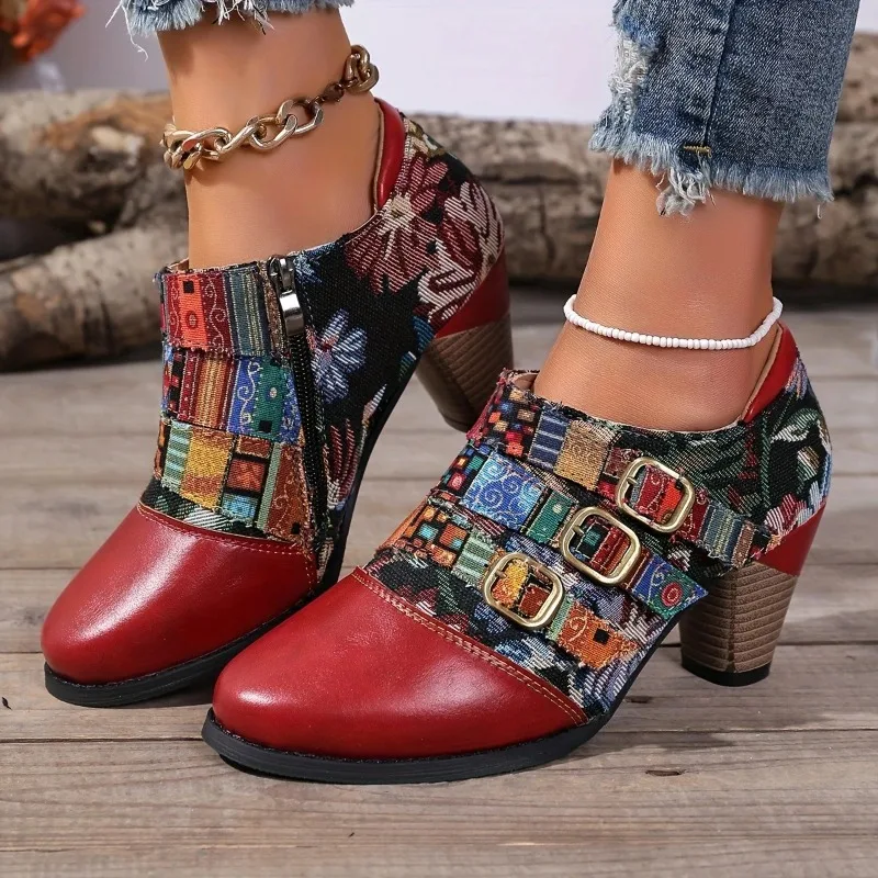 

Designer Boots Fashion Women High Heeled Boots Retro Print Design Ankle Boots Light PU Leather Womens Casual Booties Botas Mujer
