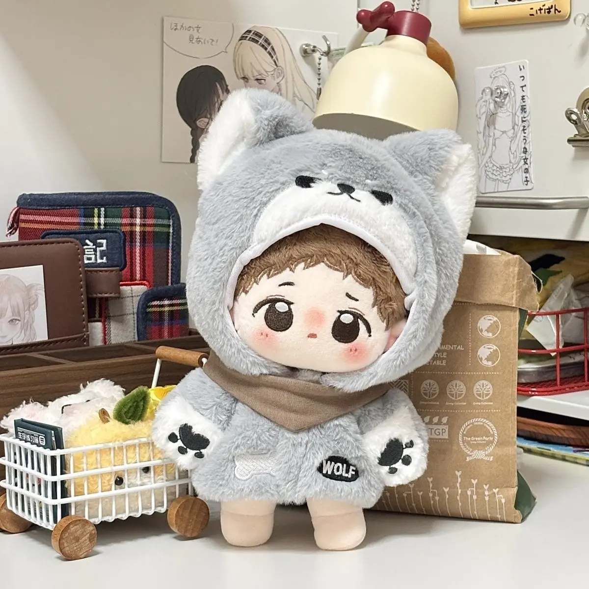 20cm Plush Doll Clothes Cute Wolf Animal Onesie Outfit, Soft Hooded Jumpsuit for Cotton Dolls, Kawaii Toy Costume Replacement Se