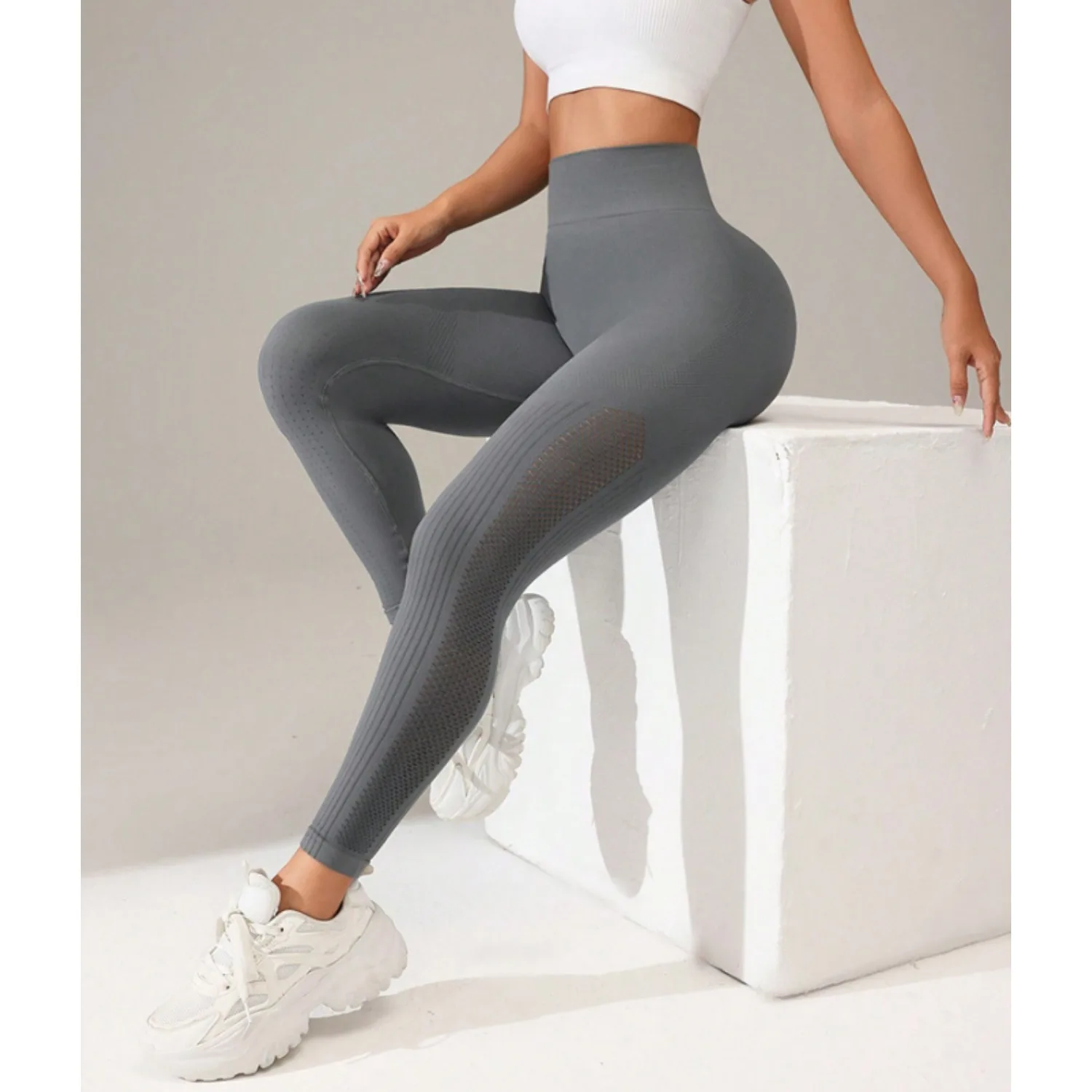 Bezszwowe damskie spodnie do jogi z siateczki, z wysokim stanem, modelujące pośladki, seksowne, ażurowe, dzianinowe spodnie do ćwiczeń, biegania, jogi i legginsy.