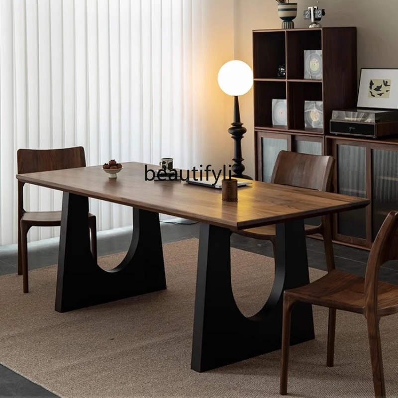 

Solid Wood Dining Table Walnut Color Living Room Large Long Desk Workbench Large Board Dining Desk Integrated Meeting