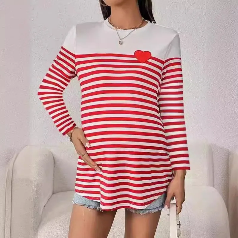

Весенне-осенняя модная мягкая и удобная полосатая футболка с длинными рукавами и круглым вырезом, модная универсальная футболка для беременных