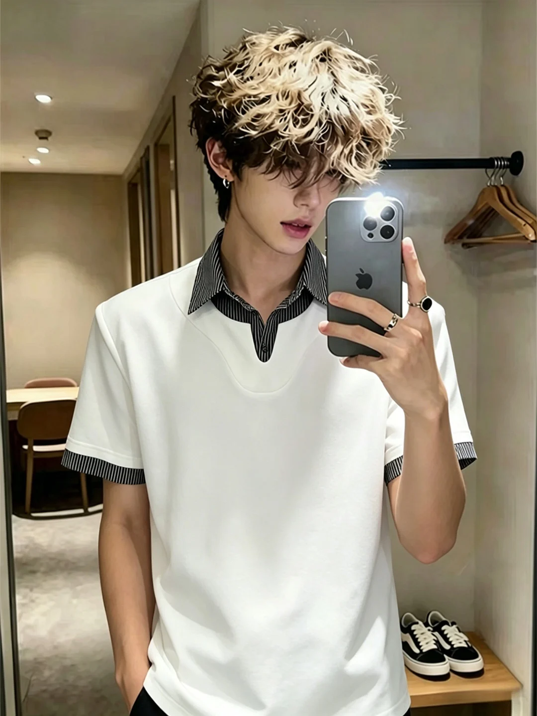 Shoulder Pad Fake Two-Piece Short Sleeve Men's Summer High-End Feeling Handsome Shirt Collar Handsome Hair Stylist T-Shirt