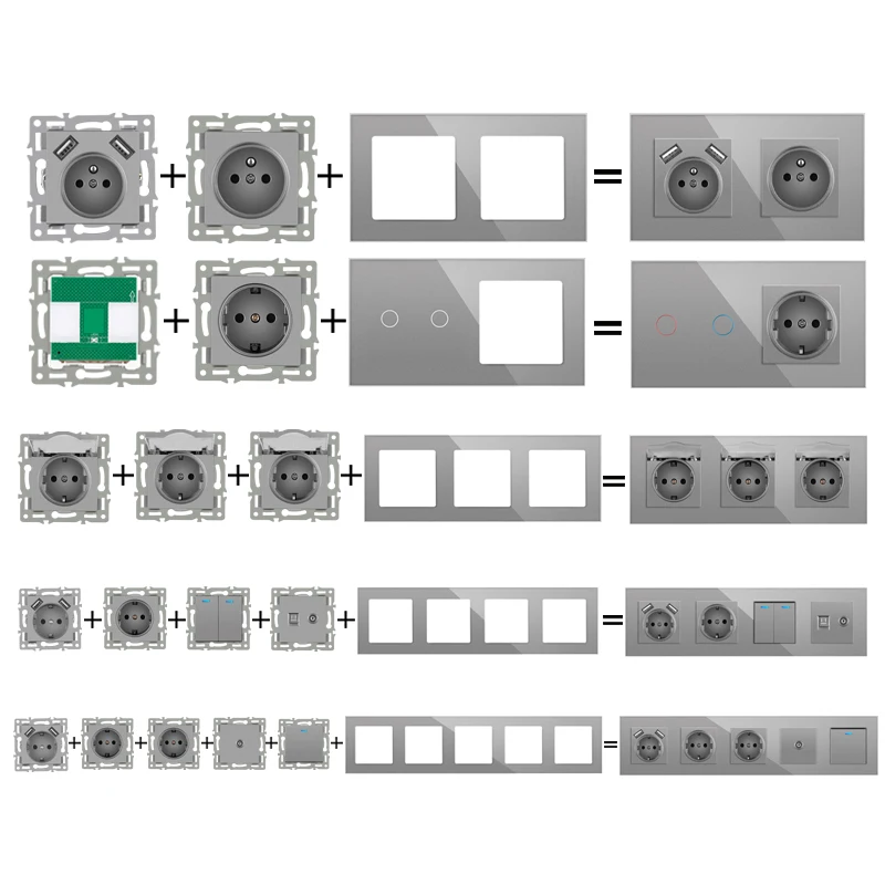 Jhjch-壁掛けモジュール,壁に取り付けられた,ヨーロッパ標準,灰色のガラスパネル,電源,tpc c,usbソケット,タッチスイッチの組み合わせ