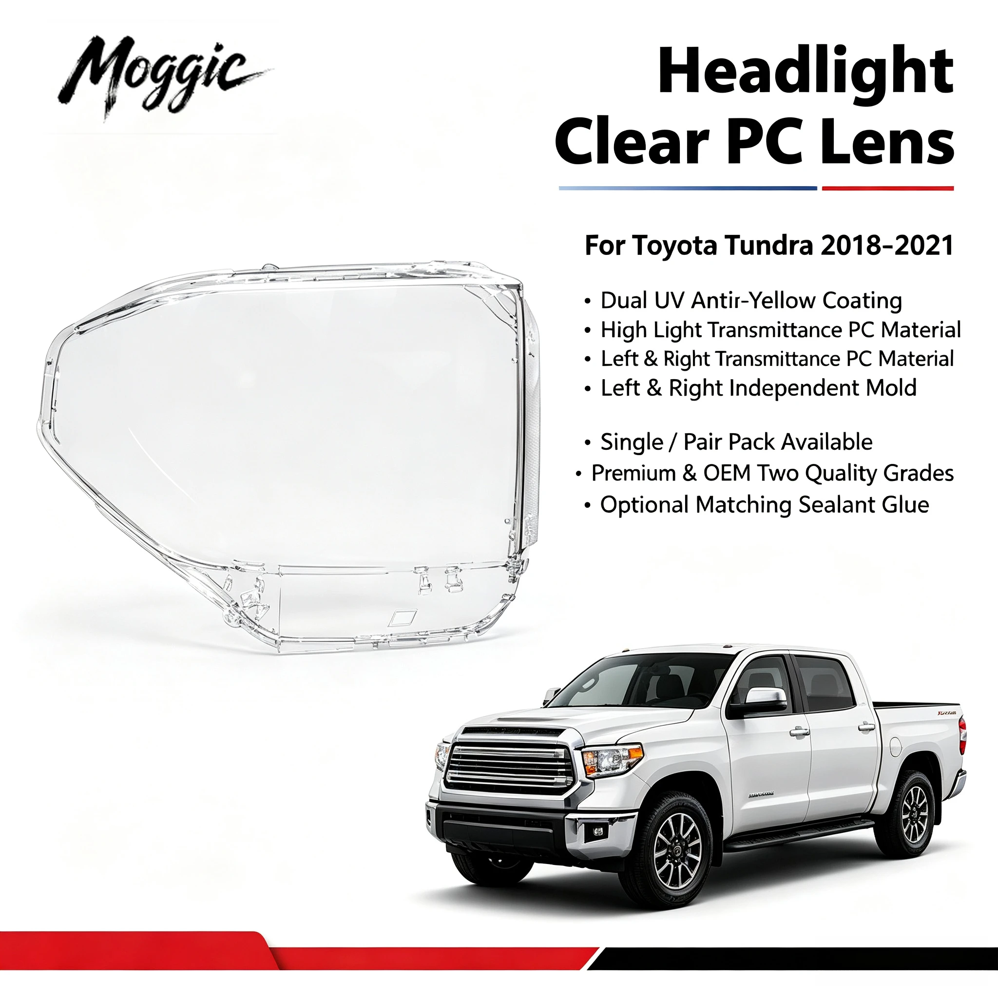 Moggic Headlight Lens Cover Compatible With Toyota Tundra 2018 2019 2020 2021 SR5 Limited Platinum TRD Pro Left Right Side Clear