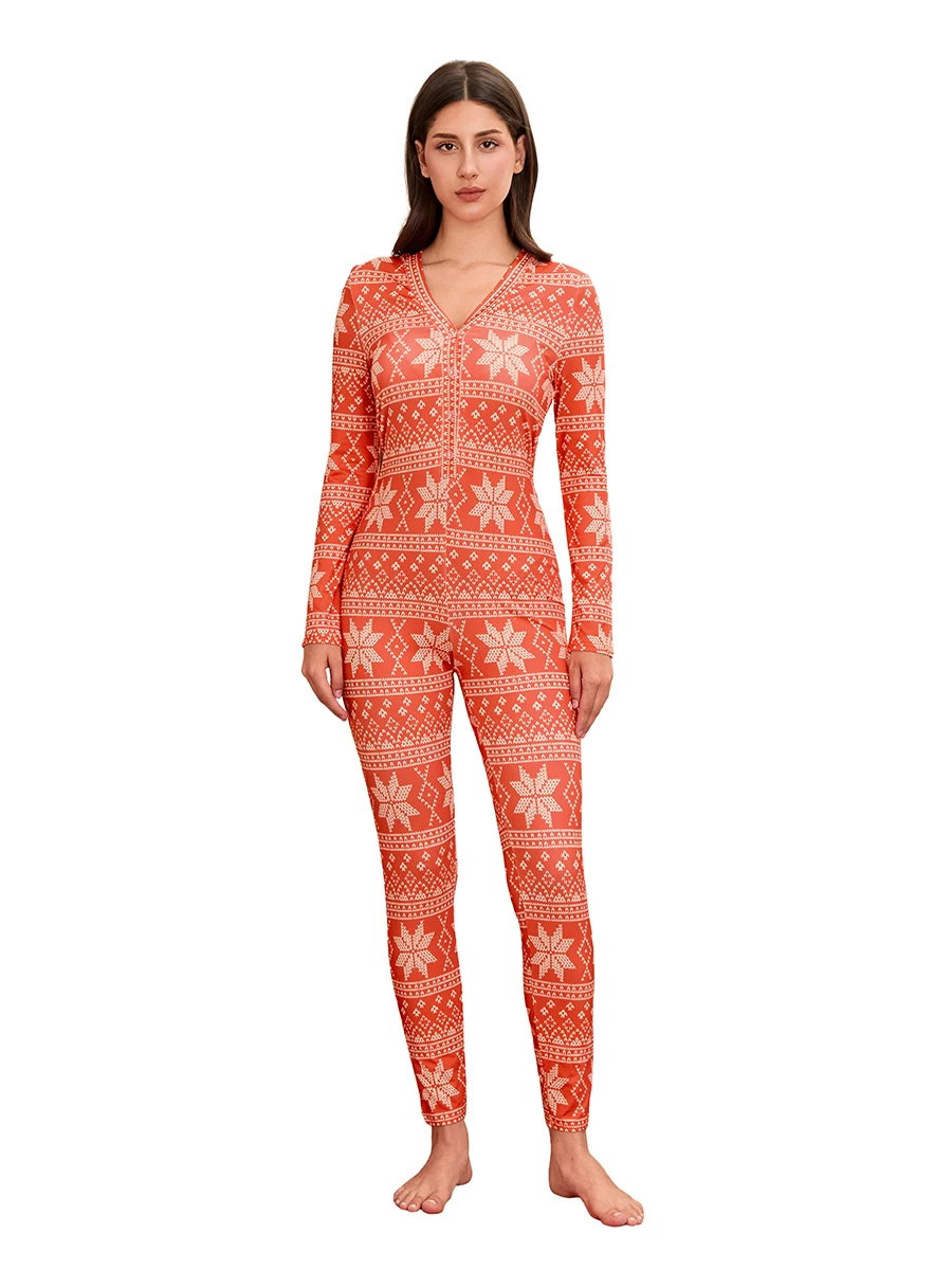 Dames kerst lange pyjama romper lange mouw V-hals button-up patroon print jumpsuit nachtkleding