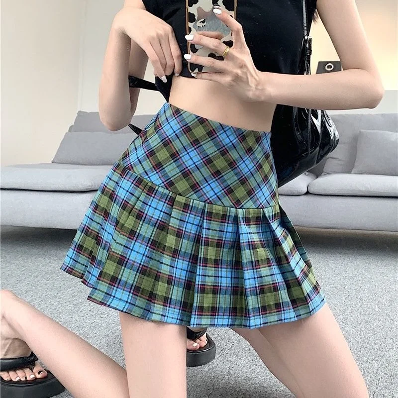 DEEPTOWN Harajuku Plaid Skirt Mini Women High Waist A-line Patchwork Vintage Preppy Pleated Skirt Summer School Girl Fashion