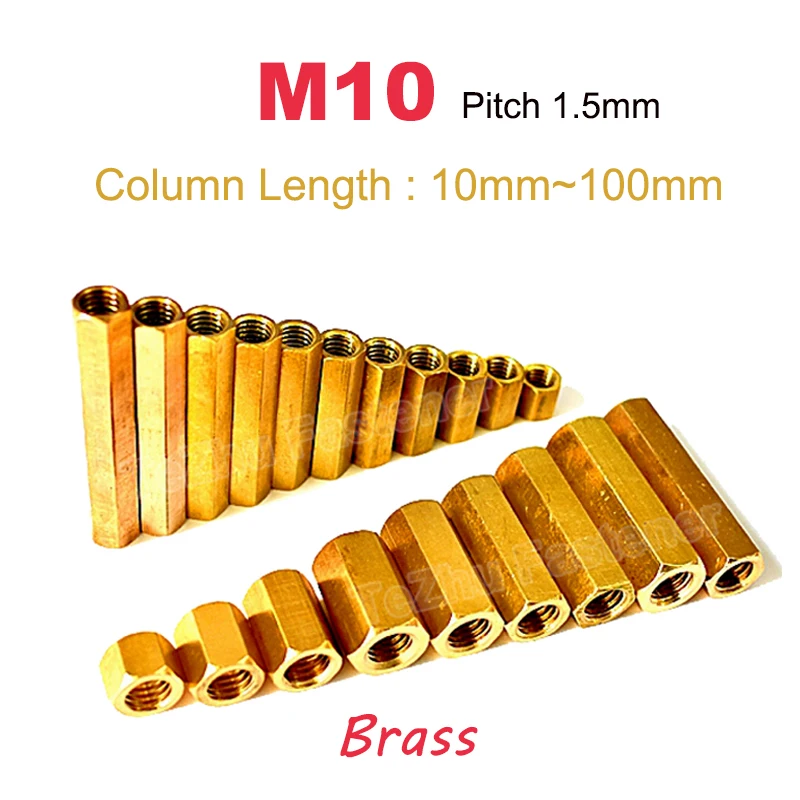 

M10 Pitch 1.5mm Hex Copper Standoff Spacer Hexagon Brass Stud Nut Full Thread Female Screw Wire Rods Double Pass Length 10~100mm