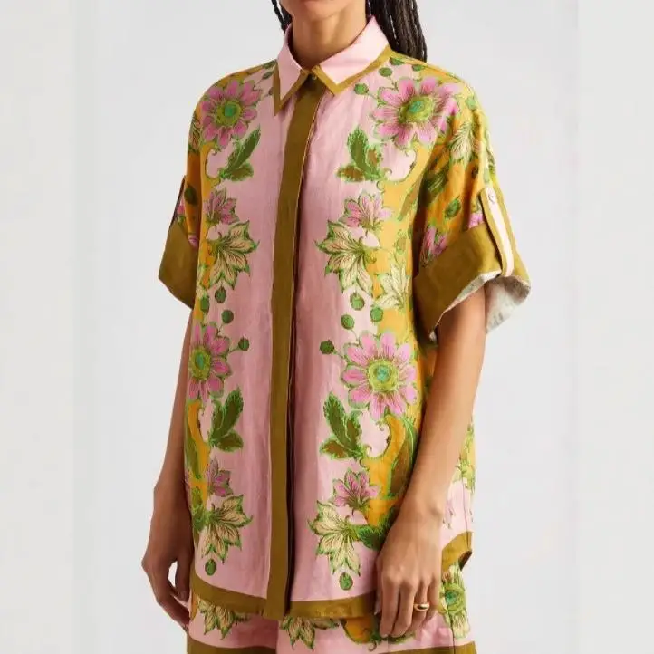 Casual Holiday Linen Print Short Sleeve Shirt Loose Fit Women's Fashion Independent Station Cross-Border 2025 Plant Floral Pa...