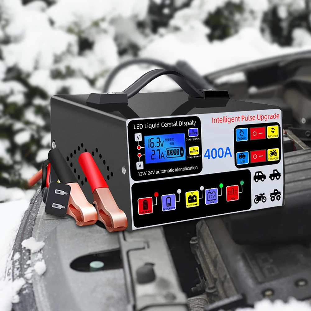 

400A Car Battery Charger 220W Heavy Duty Smart Battery Charger 12V/24V Battery High Power Fast Charger Self-Stop Battery Charger