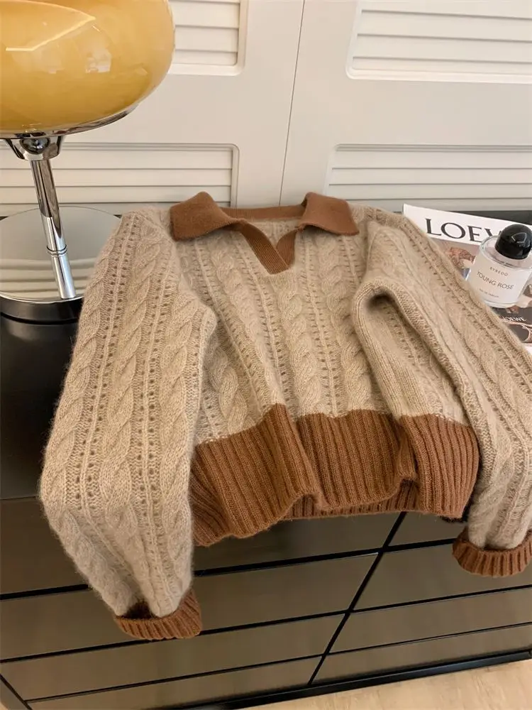 

Korejpaa 2025 Autumn Winter New Pullover Sweater Women Japanese Retro Fake Two Piece Turn-down Collar Knitted Top Pull Femme
