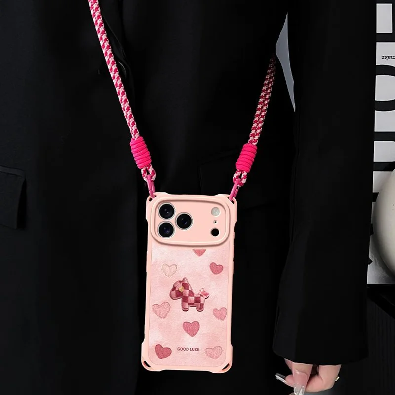 Cute Phone Case for iPhone 12 13 14 15 16 17 Pro Max Soft Cover Heart Love Horse Pony Cases with Crossbody Rope Shoulder Lanyard