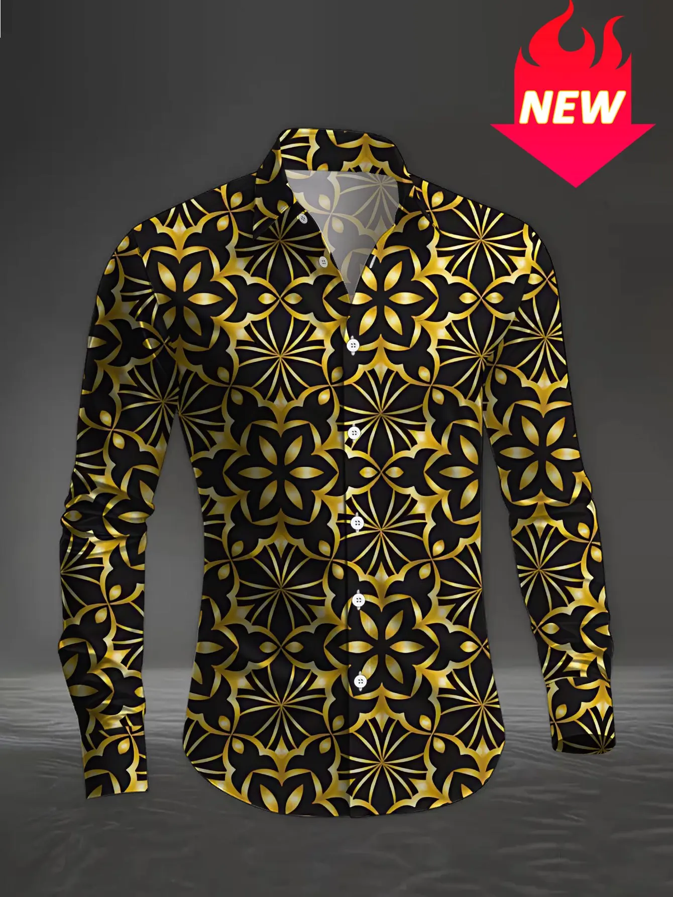 Men Long‑Sleeve Shirt Golden Floral Geometric Print Turn‑down Collar Button‑up Top Party Banquet Casual Wear Polyester Blouse