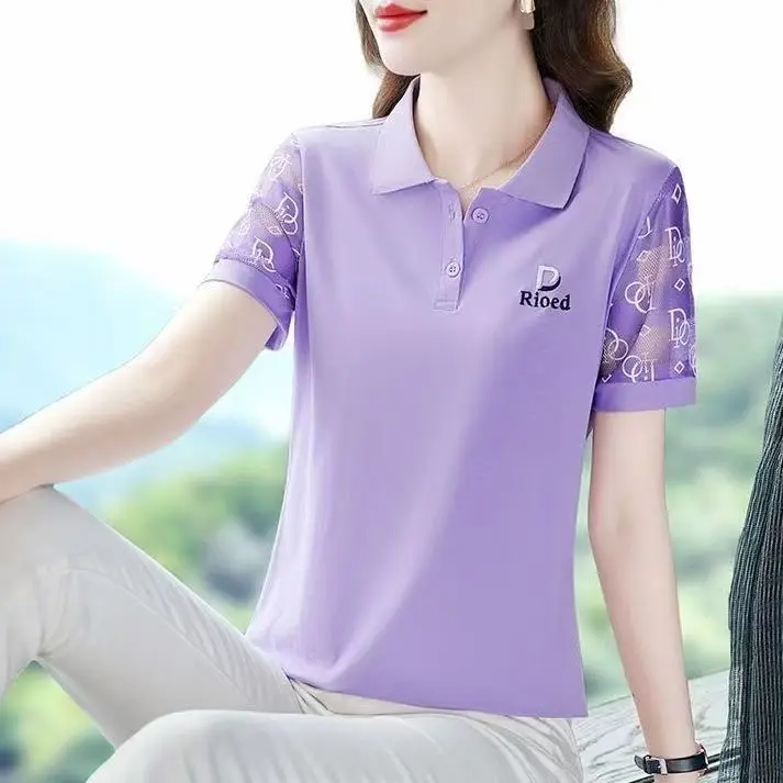 Camiseta de manga corta con solapa para mujer, Polo con mangas de malla, ropa morada para mujer 2024