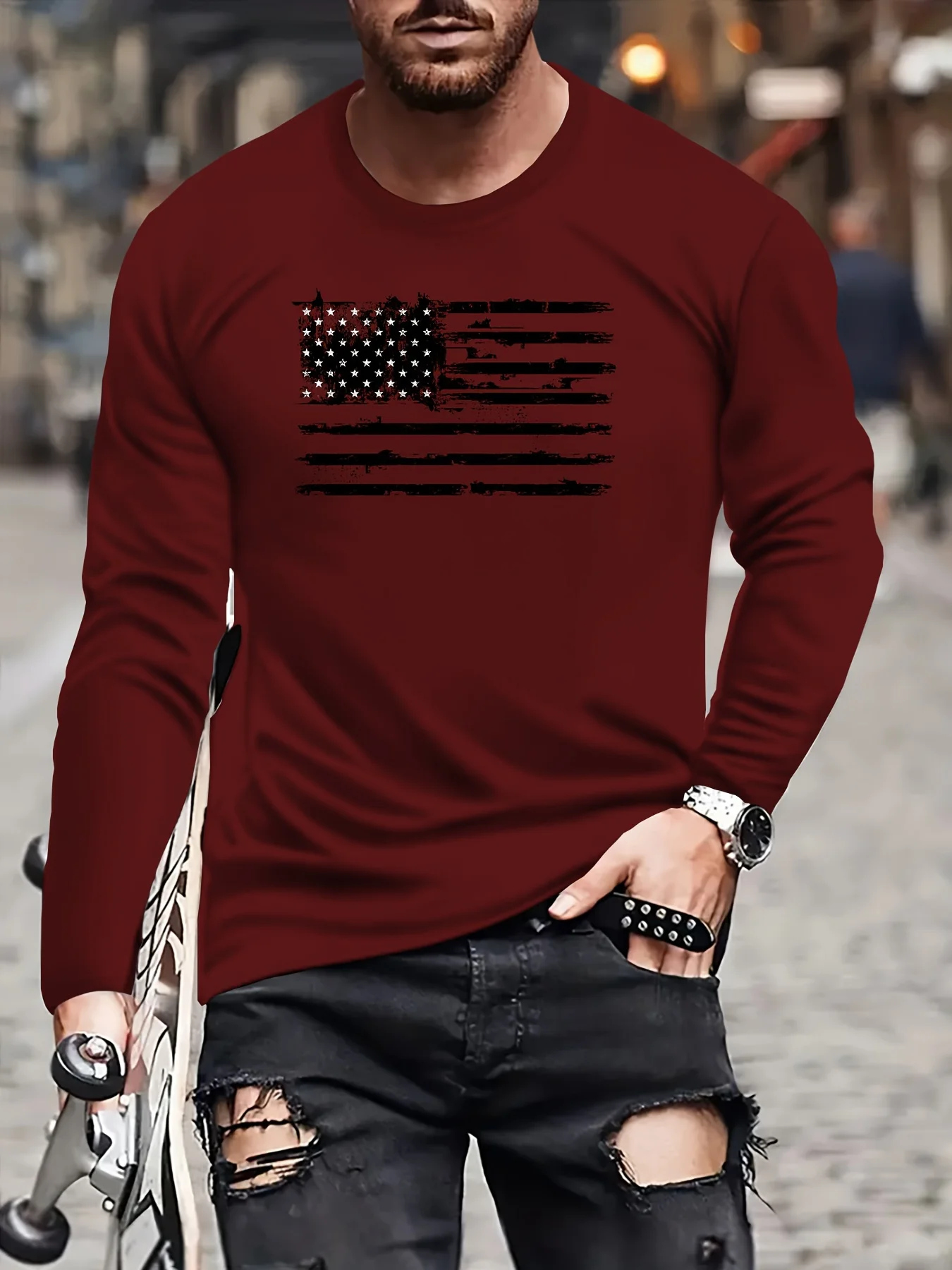 100% Cotton Men's Long Sleeved Round Neck Loose Classic Print Autumn and Winter Casual Versatile T-Shirt Top image 3