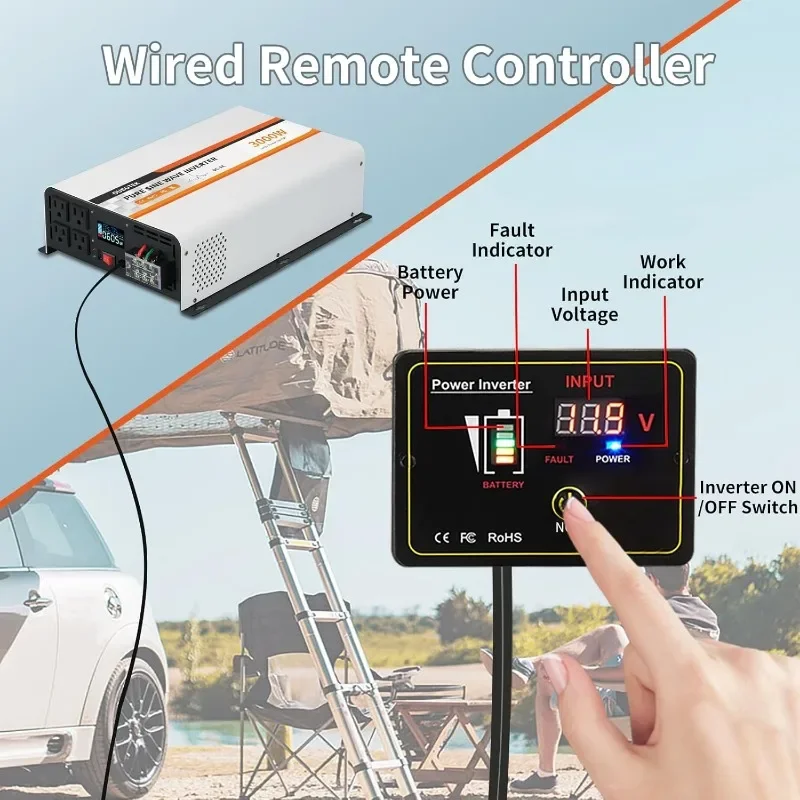 home.3000 واط عاكس موجة جيبية نقية، تيار مستمر 12 فولت إلى تيار متردد 120 فولت عاكس سيارة مع شاشة LCD، جهاز تحكم عن بعد، منفذ USB #3