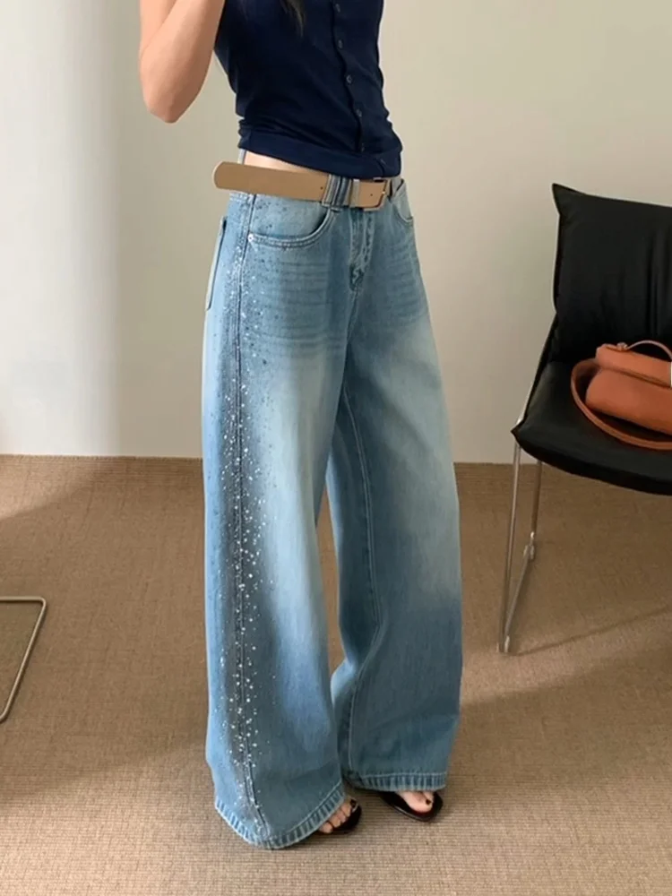 

American Style Glittery Diamond Design Women's Vintage Loose Straight Leg Floor-Length Jeans High Waist Resistant to Wear