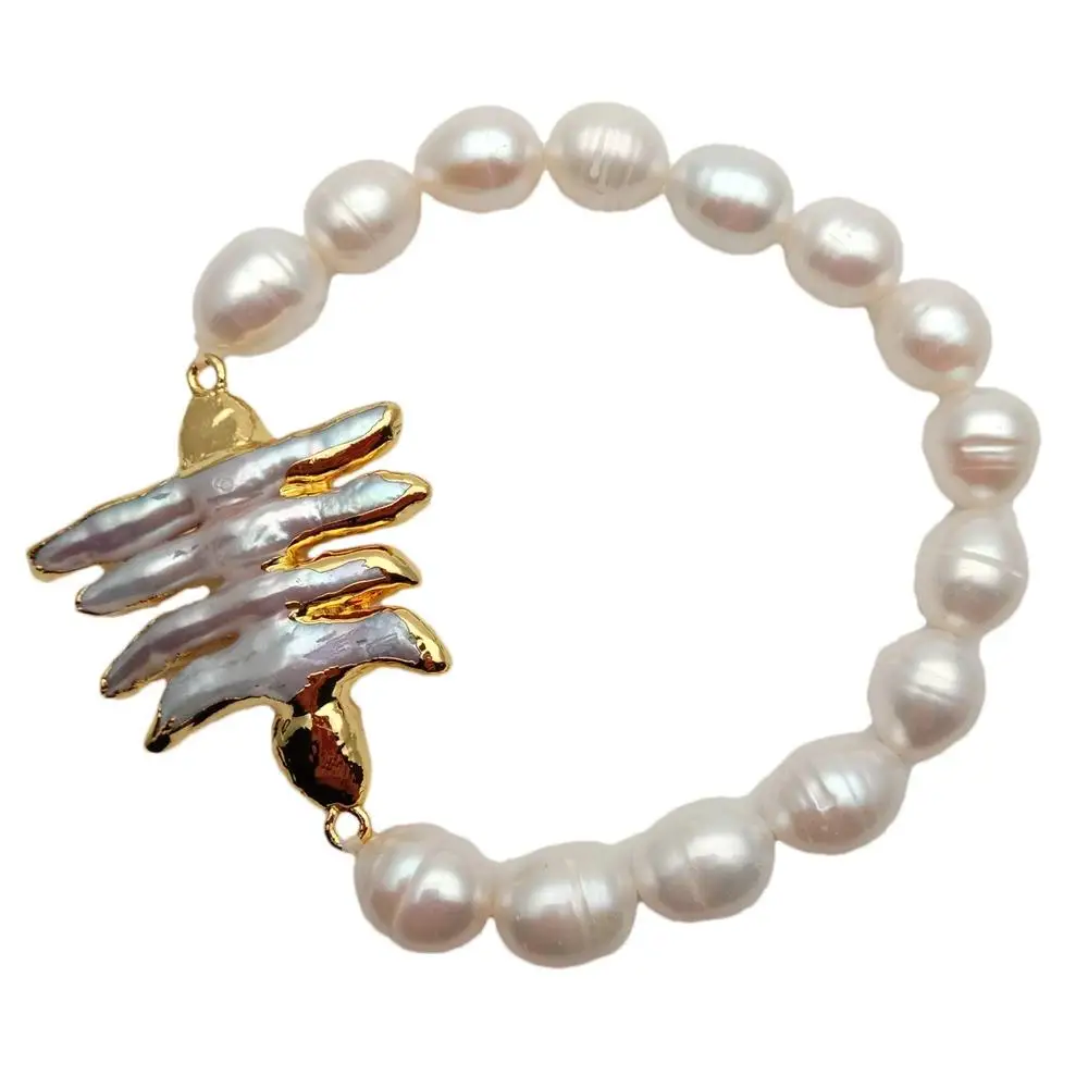 YYGEM 9x11mm Natural White Rice Cultured Freshwater Pearl Baroque Pearl Gold Plated Elastic Bracelet