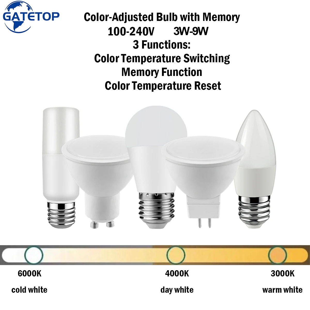 

1-10PCSLED Smart 3-color dimming 3000K/4000K/6000K with memory CCT AC100-240V GU10 GU5.3 E27 B22 E14 3W-9W flicker-free 100LM/W