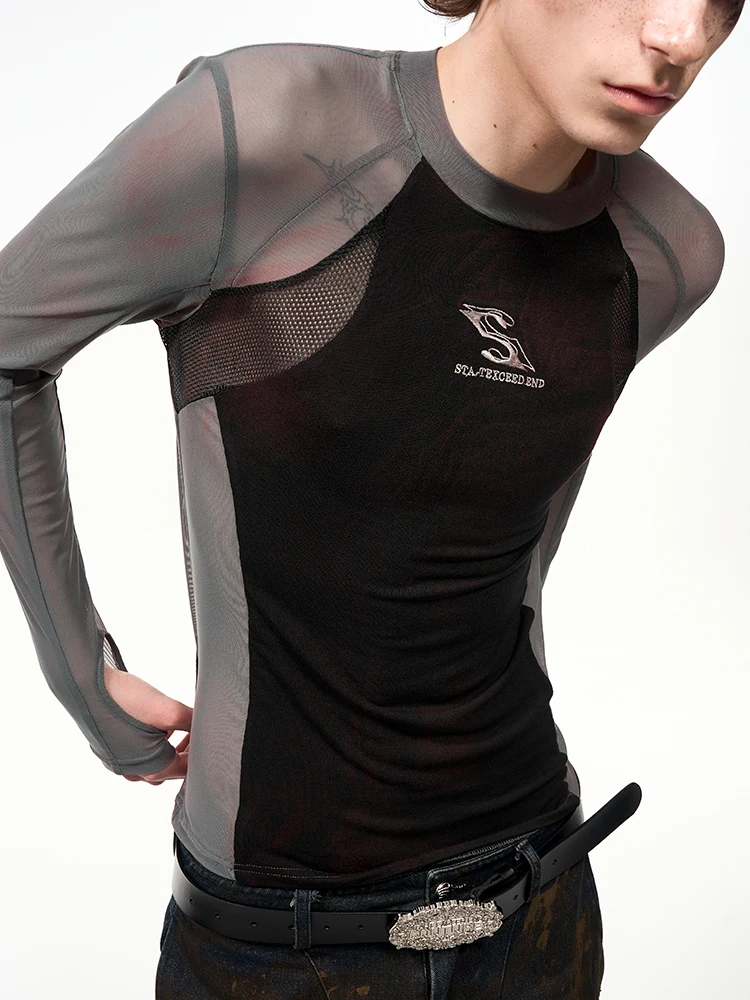 See Original Tight Mesh Splicing Long Sleeve T-Shirt Men Summer Semi-Transparent Breathable Finger Exposure Base Shirt Trendy