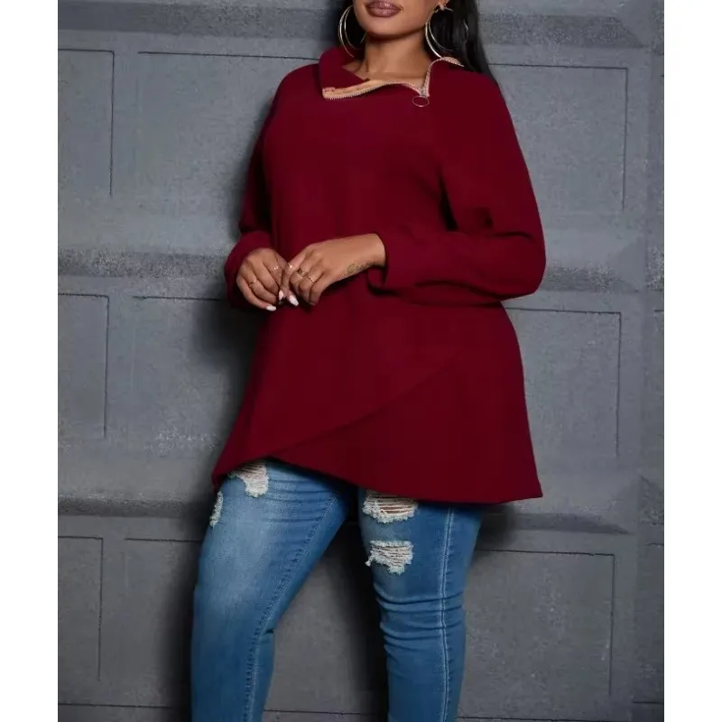 Plus Size 1XL-5XL Women's Hoodie Fashion Irregular High Neck Casual Sweater Zipper Loose Top Casual Solid Color Hoodie