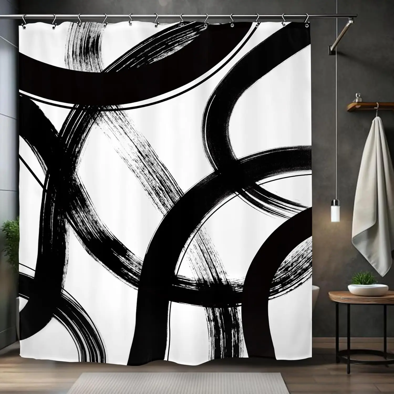 

Modern Abstract Black White Brush Stroke Shower Curtain 72x72 Inches Minimalist Art Design Bathroom Decor For Home